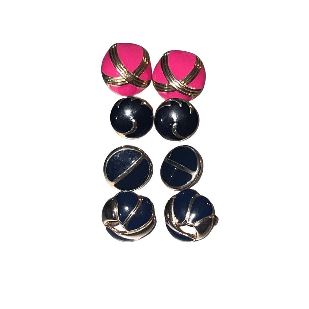 Four (4) Vintage Round Enamel 80s Retro Button Earrings Post Back Large Studs